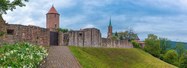 Panorama of the old city wall in Dilsberg, a village in southern Germany with church and old tower - obrazy, fototapety, plakaty
