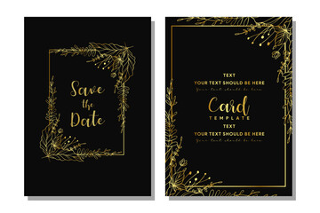 gold wedding invitation design with tropical plant outline