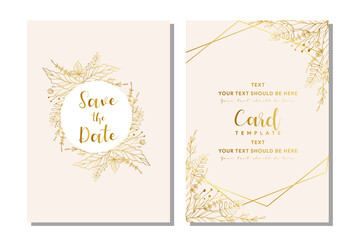 gold and pink wedding invitation design with tropical plant outline