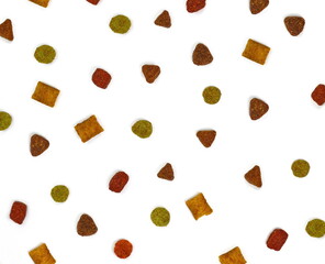 Dry cat food isolated on white background, top view