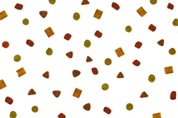 Dry cat food isolated on white background, top view