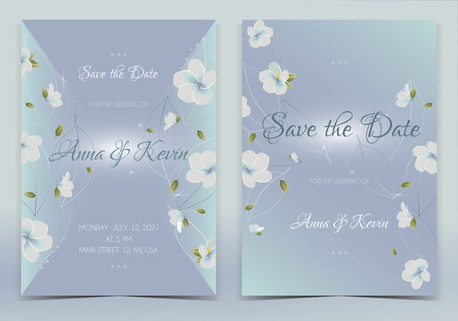 Elegant blue wedding invitation with flowers and leaves. Vector illustration	