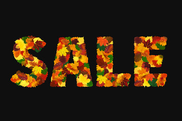 Word SALE made with colorful hawthorn, maple, alder, oak fall leaves, isolated on black