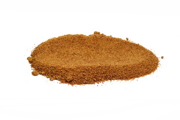 Coconut palm sugar isolated on white. brown coconut palm sugar. Coconut palm sugar as a sprinkle for cakes and pies