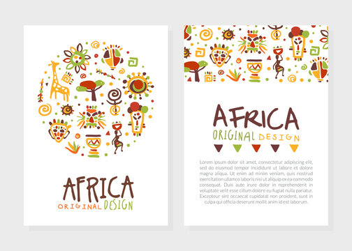 Africa Card Templates Set, Traditional African Culture Symbols and Space for Text Vector Illustration