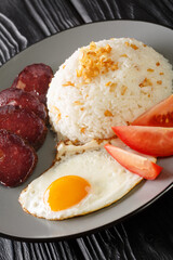 Sinangag Filipino Garlic Fried rice is a hearty and delicious side dish to your favorite meals close up in the plate on the table. Vertical