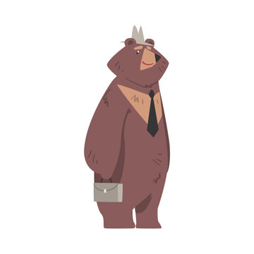 Bear Businessman Standing with Briefcase, Humanized Brown Animal Character Wearing Tie and Hat Cartoon Vector Illustration
