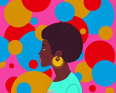 Black woman with curly hair against colorful wall