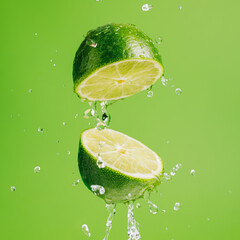 Fresh and juicy lime thrown in the air, flying and levitating isolated on a pistachio green...