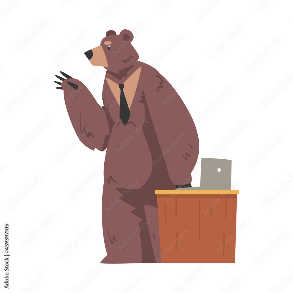 Sticker bear businessman working on office, humanized animal character in business suit cartoon vector illus