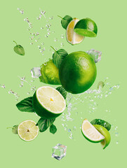 Slices of fresh and ripe lime with ice cubes, splashing water and mint leaves thrown in the air,...