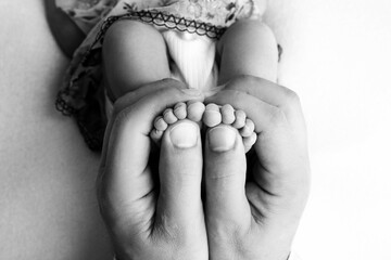 The father holds the bare feet of the newborn on a white background. Tiny legs in the hands of a man. Family, parents and homework concept. Health care, pediatrics. Black and white photography.