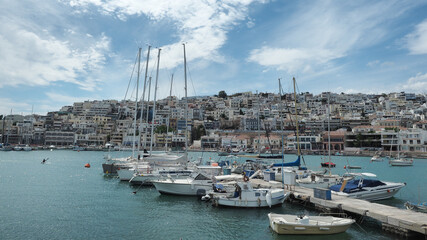 Fototapeta na wymiar Beautiful round port of Mikrolimano in the heart of Piraeus during renovation works, Attica, Greece