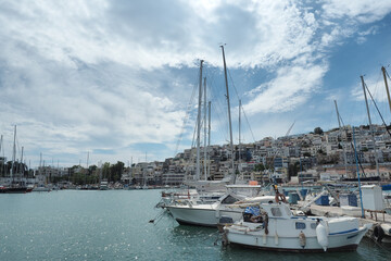 Beautiful round port of Mikrolimano in the heart of Piraeus during renovation works, Attica, Greece