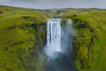 Iceland. Aerial view on the Skogafoss waterfall. Landscape in the Iceland from air. Famous place in Iceland. Landscape from drone. Travel concept