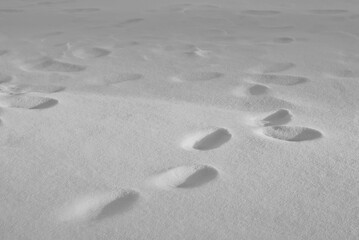 Texture of fresh snow. Footprint from the sole on fresh snow.