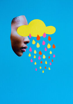 Anonymous woman with raincloud collage