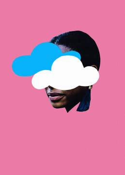 Woman with clouds over eyes collage