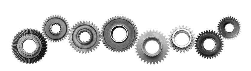 Metal gears, cogwheels isolated on white background collage. Spare parts banner. - obrazy, fototapety, plakaty