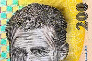 Selective focus on detail of LEI banknotes. Close up macro detail of Romanian LEI banknotes. World money concept, inflation and economy concept