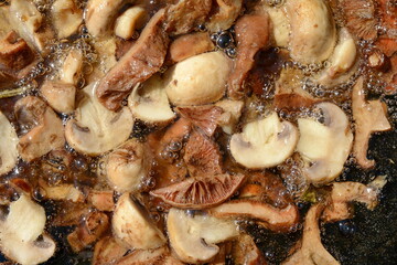 Frying mushrooms in oil. Delicious fried mushrooms in pan.