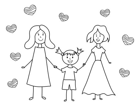 Lgbt family doodle. Children's drawing. Two happy lesbian women with girl. Vector hand drawing illustration.
