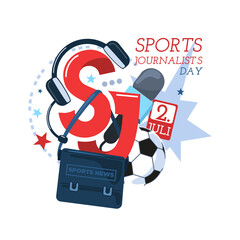 Sports Journalist's Day. Vector composition of sports journalist attributes around the letters 