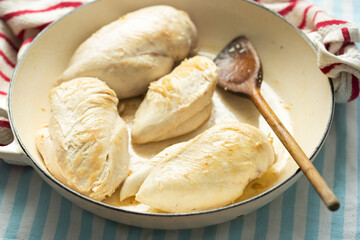 Fried chicken breast on frying pan with oil 