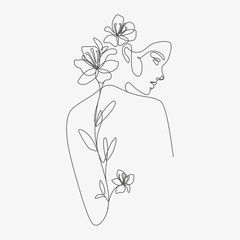 Woman head with flowers composition. Hand-drawn vector line-art illustration. One Line style drawing.