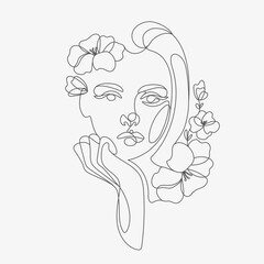 Woman head with flowers composition. Hand-drawn vector line-art illustration. One Line style drawing.