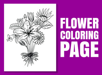 Flower line art for coloring book page. Floral coloring book page for adults and children. Black and white hand-drawn line art vector good for amazon coloring book design.