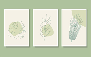 Vector illustration set of line art leaves in trendy style in monochrome green color.