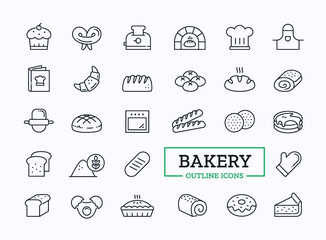 Bakery linear icons. Ingredients and utensils symbol collection with oven, egg, flour, bread
