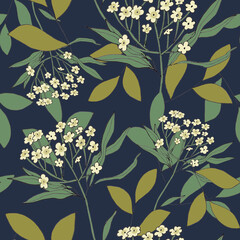 watercolor illustration seamless pattern green grass with small white flowers,dark background,retro