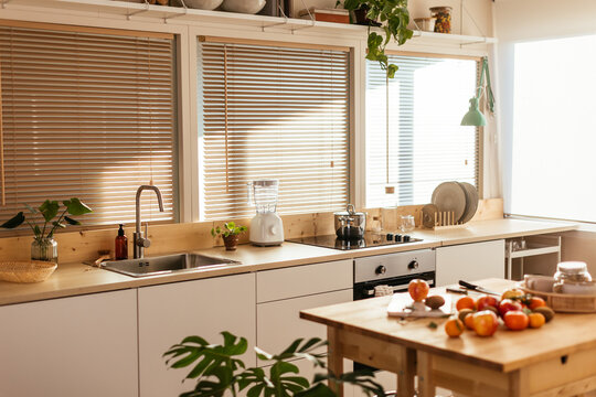 Modern kitchen with food and kitchenware