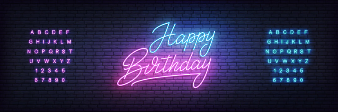 Happy Birthday neon template. Glowing neon lettering Birthday sign