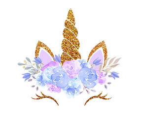 Fabulous cute unicorn with golden horn and beautiful watercolor roses, bluebells flowers wreath isolated on white background