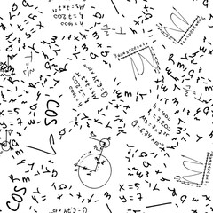 Flat monochrome vector seamless mathematical motif pattern. Cute doodle with algebraic expressions and symbols. Vector illustration , element for design. On a white background. Science. Knowledge.