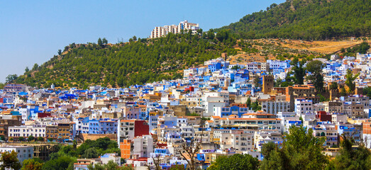 Fototapeta premium 07 August 2018 - Chefchaouen , Morocco : A panoramic view of the city of Chefchaouen, the Blue Pearl. Chefchaouen, Morocco.
