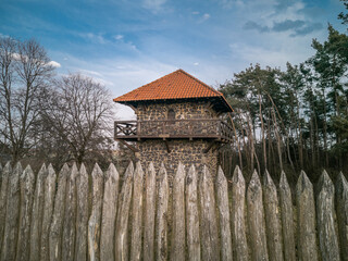 Reconstructed Roman watchtower and palisades at Limes Germanicus, the ancient border between the...