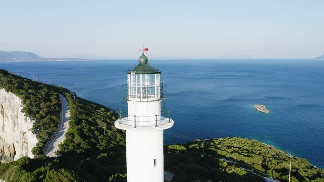 Aerial Zoom In Shot Of Lighthouse Top At The Greek Island Of Lefkada, Cape Of Ducato.