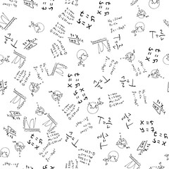 Flat monochrome vector seamless mathematical motif pattern. Cute doodle with algebraic expressions and symbols. Vector illustration , element for design. On a white background. Science. Knowledge.