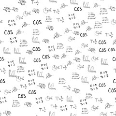 Flat monochrome vector seamless mathematical motif pattern. Cute doodle with algebraic expressions and symbols. Vector illustration , element for design. On a white background. Science. Knowledge.