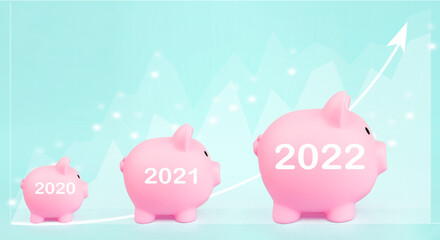 Successful international financial investment concept. Three Pink piggy bank with digital hologram...