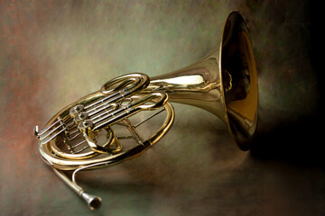 french horn an ancient musical metal instrument popular classical brass music instrument beloved...