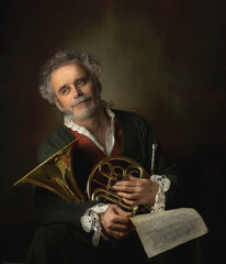 portrait person french horn Homage to a painting by Louis Gabriel Blanchet horn ancient musical metal instrument popular classical brass music instrument beloved children adults amateurs professionals