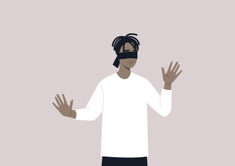 A young male Black character with blindfolded eyes trying to find the way out