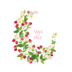 Boho raspberry floral wedding vector frame. Watercolor berries, flowers, leaves border template