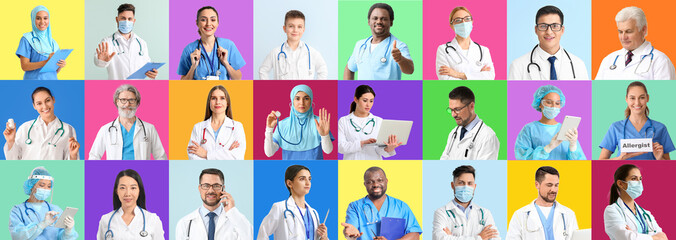 Group of doctors on color background