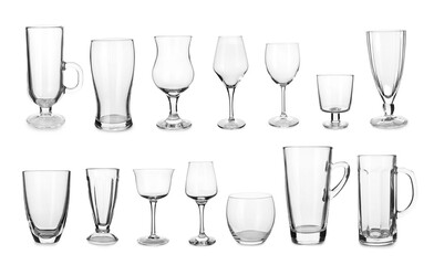 Collage of different empty glasses on white background